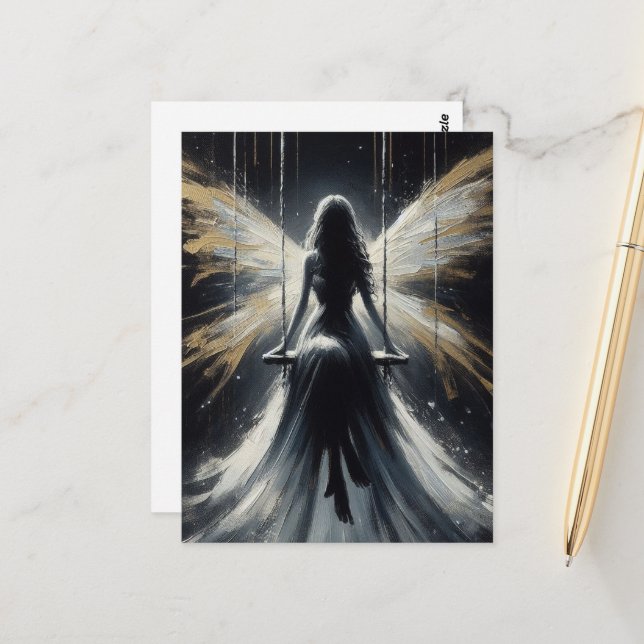 Postal Hada en un columpio por la noche con vestido blanc (Anverso/Reverso In Situ)