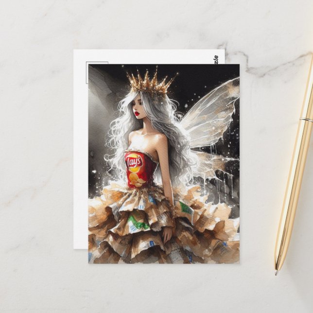 Postal Hada en un espectáculo de moda hecho con bolsas de (Anverso/Reverso In Situ)