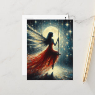 Postal Hada en un giro en un vestido rojo