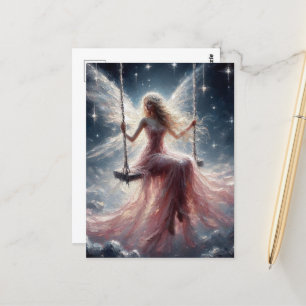 Postal Hada en una flor con un vestido rosado