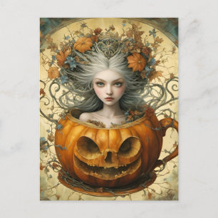 Postal Hada en una taza Jack O Lantern