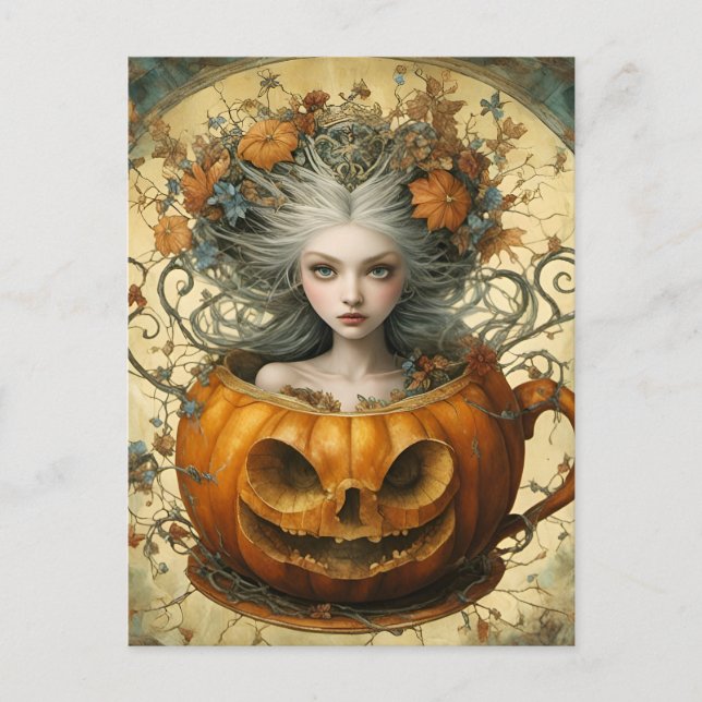 Postal Hada en una taza Jack O Lantern (Anverso)