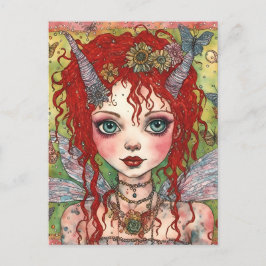 Postal Hada Linda Con Cabello Rojo y Cuernos