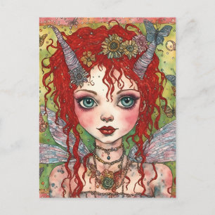 Postal Hada Linda Con Cabello Rojo y Cuernos
