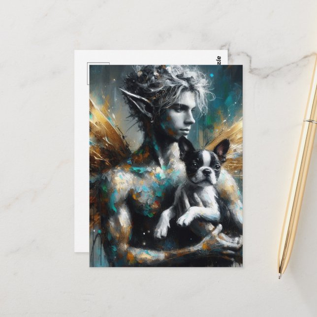 Postal Hada masculina con cachorro de Boston Terrier (Anverso/Reverso In Situ)