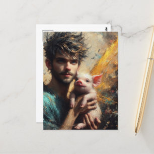 Postal Hada Masculina Con Lechón