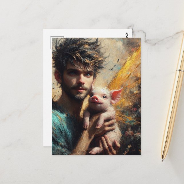 Postal Hada Masculina Con Lechón (Anverso/Reverso In Situ)