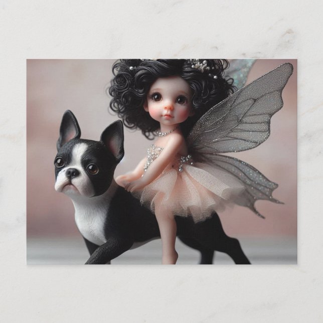 Postal Hada montando una fantasía de Boston Terrier (Anverso)