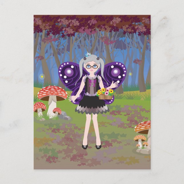 Postal Hada morada en bosque otoñal (Anverso)
