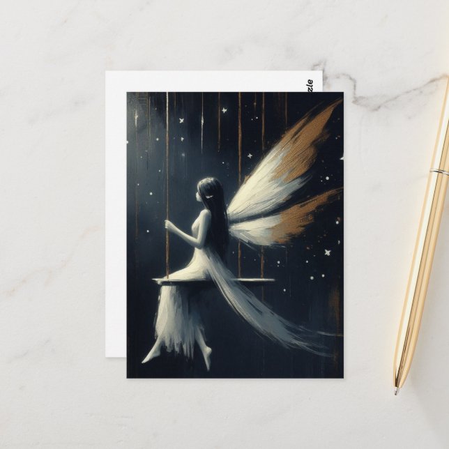 Postal Hada nocturna en un columpio con vestido blanco (Anverso/Reverso In Situ)