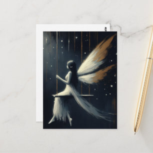 Postal Hada nocturna en un columpio con vestido blanco