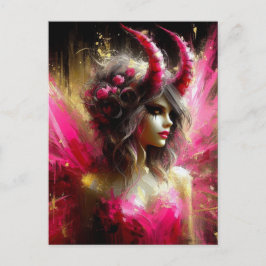 Postal Hada Rosa Con Cuernos Oscuro Fantasía Arte