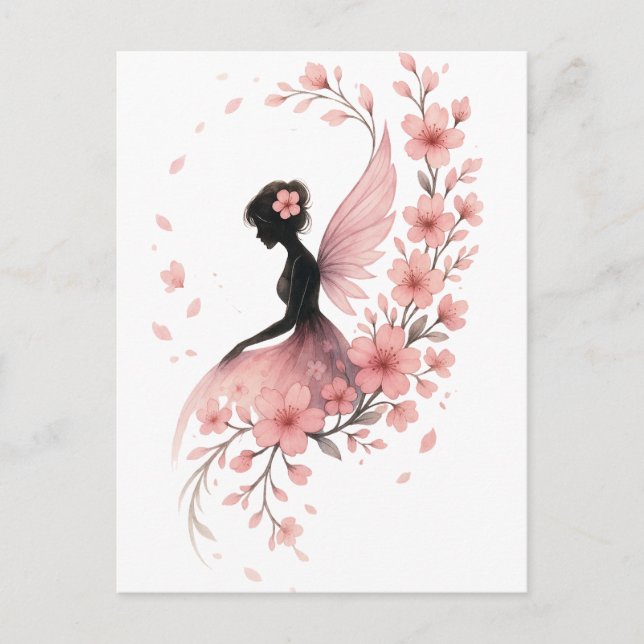Postal Hada Rosa con Flores de Sakura (Anverso)