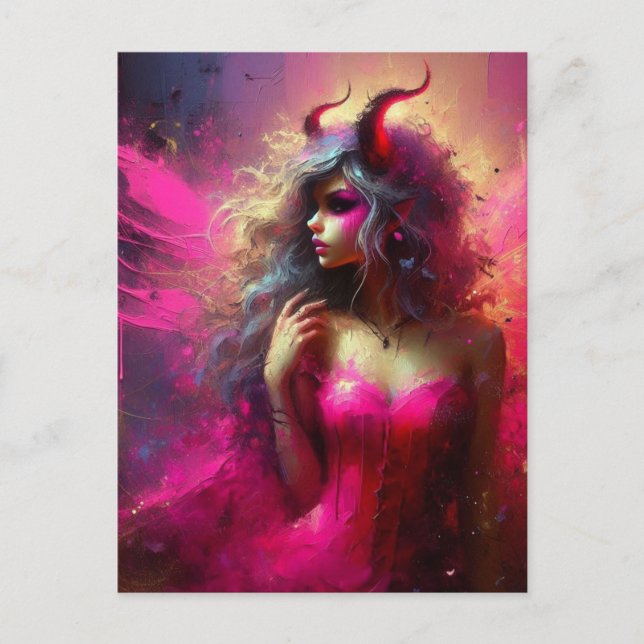 Postal Hada Rosa Con Hornos Fantasía Arte (Anverso)