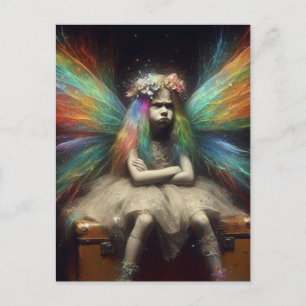 Postal Hada rubia con actitud sobre maleta vintage