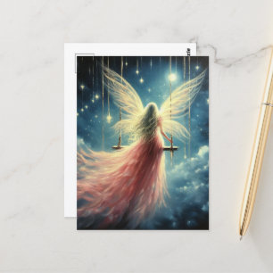 Postal Hada rubia sobre un giro en un vestido rosa