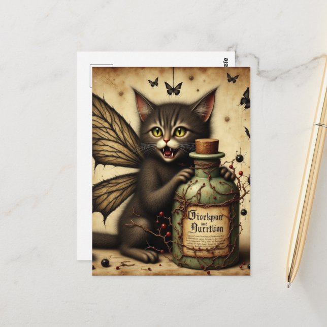 Postal Hada vampiro gatito y una botella de veneno (Anverso/Reverso In Situ)