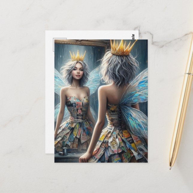 Postal Hada vestida de periódico reciclado (Anverso/Reverso In Situ)