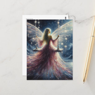 Postal Hada vestida de rosa en un columpio