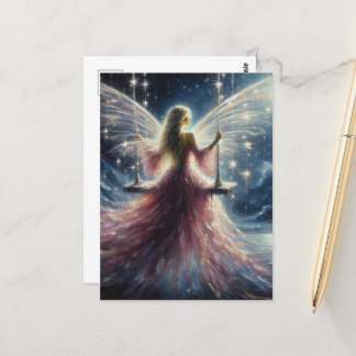 Postal Hada vestida de rosa en un columpio