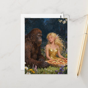 Postal Hada y Sasquatch comen pizza en el bosque