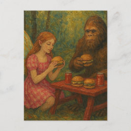 Postal Hada y Sasquatch comiendo hamburguesas con queso e