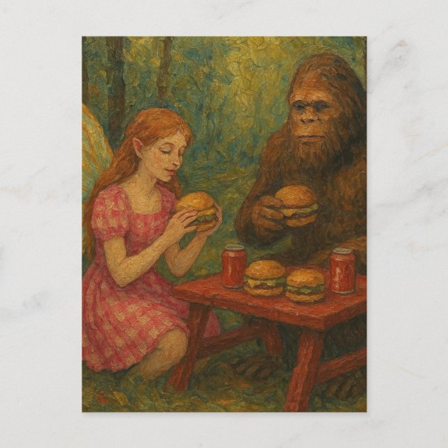 Postal Hada y Sasquatch comiendo hamburguesas con queso e (Anverso)