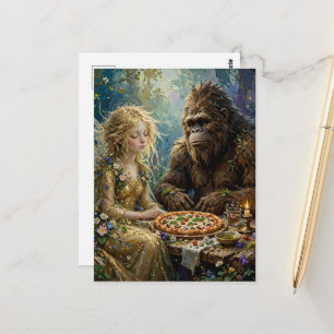 Postal Hada y una cita de pizza Sasquatch en el bosque