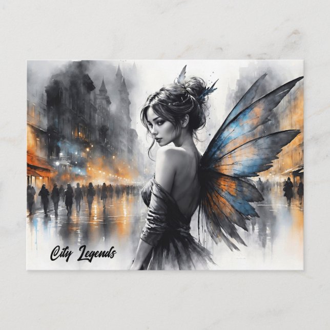 Postal Hadas acuáticas chica crepúsculo mágico ciudad noc (Anverso)