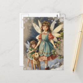 Postal Hadas de Navidad Vintage Hermosas y un Perro