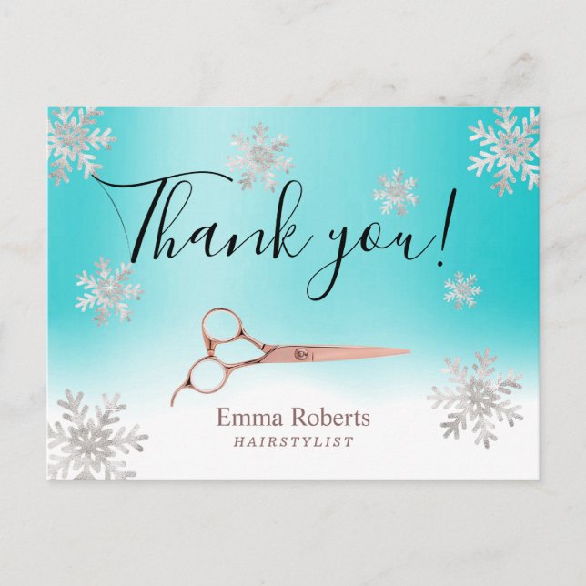 Postal Hair Stylist Turquoise Winowflakes Gracias (Anverso)