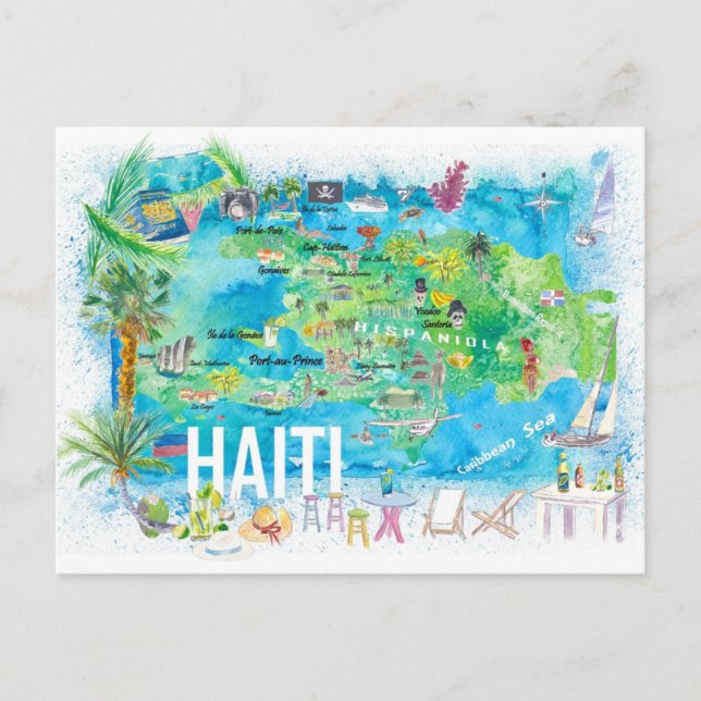 Postal Haiti Illustrated Island Travel Map with Roads (Anverso)