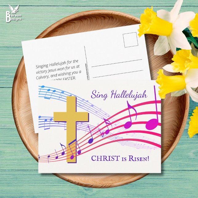 Postal HALLELUJAH CHRIST ES RISEN Easter (SING HALLELUJAH CHRIST IS RISEN Easter postcard with Cross and music notes. Ideal for churches.)