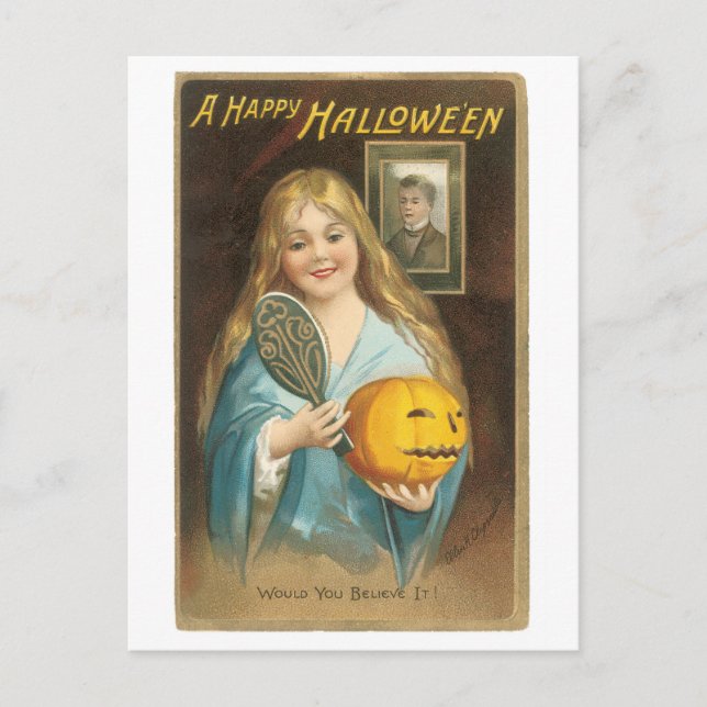 Postal Halloween a la antigua, Chica con espejo de mano (Anverso)