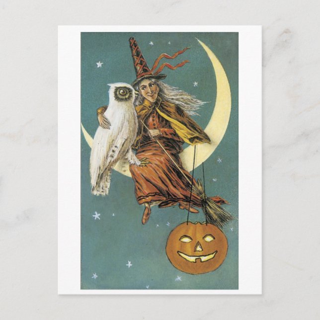 Postal Halloween a la vieja usanza, Bruja con búho (Anverso)