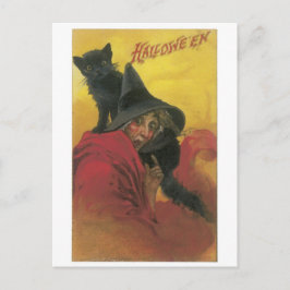 Postal Halloween a la vieja usanza, Bruja con gato negro