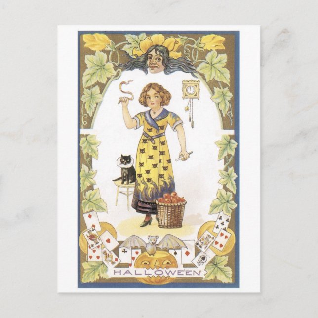 Postal Halloween a la vieja usanza, Chica con gato negro (Anverso)
