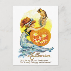 Postal Halloween a la vieja usanza, Chica con lechuza