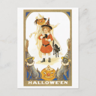 Postal Halloween a la vieja usanza, chica de brujas