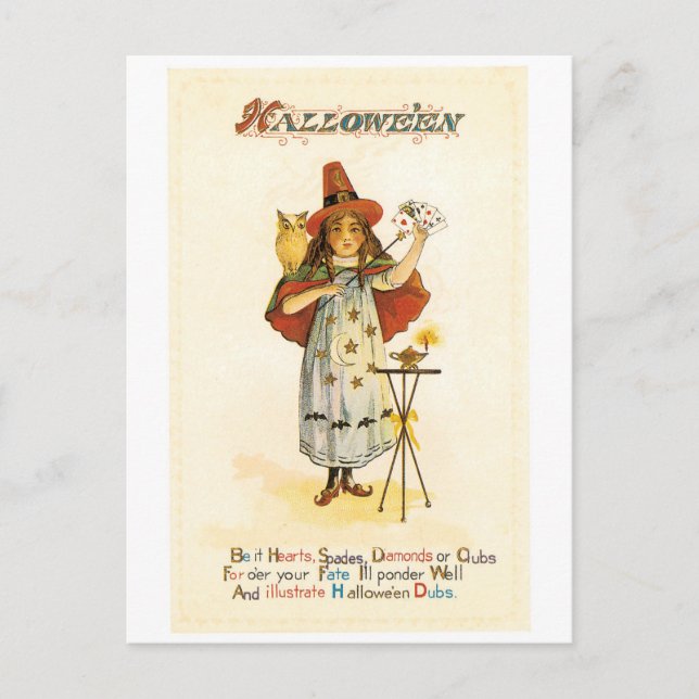 Postal Halloween a la vieja usanza, chica de brujas con b (Anverso)