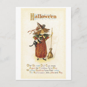 Postal Halloween a la vieja usanza, chica de brujas con g