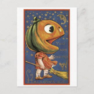 Postal Halloween a la vieja usanza, chica de calabaza