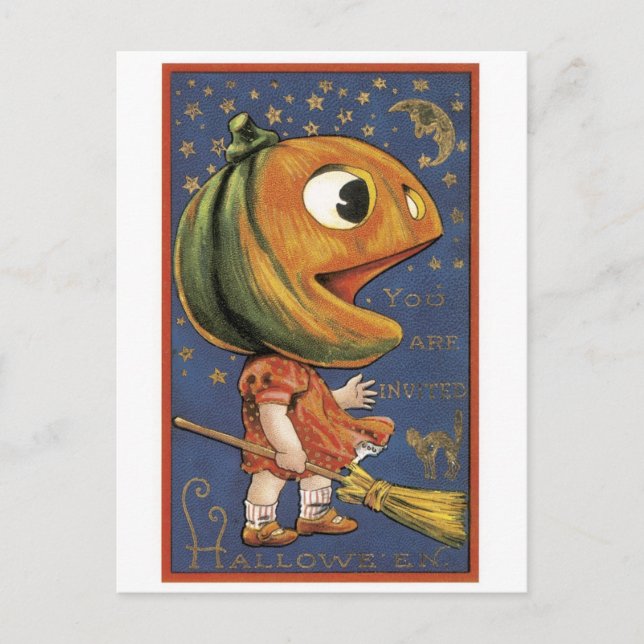 Postal Halloween a la vieja usanza, chica de calabaza (Anverso)