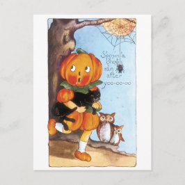 Postal Halloween a la vieja usanza, chica de calabaza, ga
