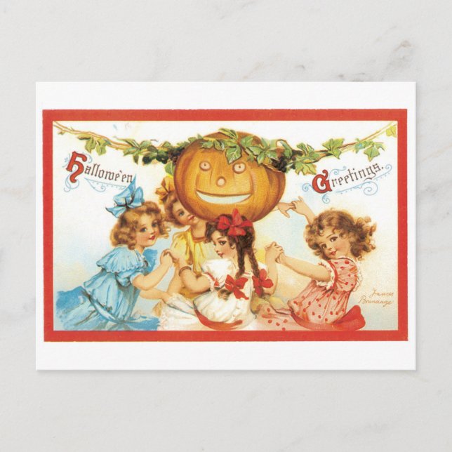 Postal Halloween a la vieja usanza, Chicas con calabaza (Anverso)