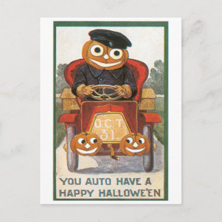 Postal Halloween a la vieja usanza, chofer de calabaza