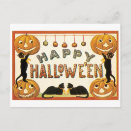 Postal Halloween a la vieja usanza, gatos negros