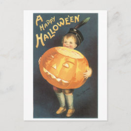Postal Halloween a la vieja usanza, niño llevando calabaz