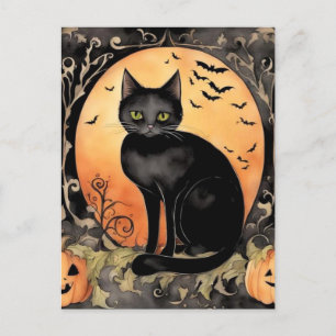 Postal Halloween Adorable Black Cat Watercolor