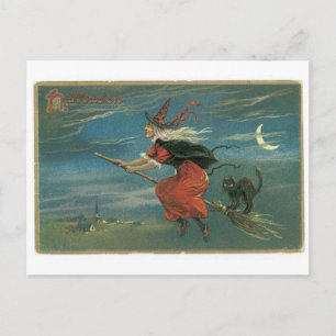 Postal Halloween anticuado, bruja con gato negro